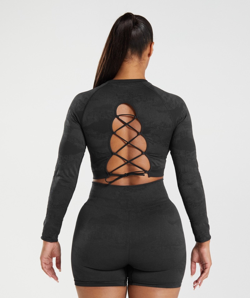 Gymshark Adapt Camo Bezšvové šnurovanie Späť Top Lávovo-čierna-onyx Sivá