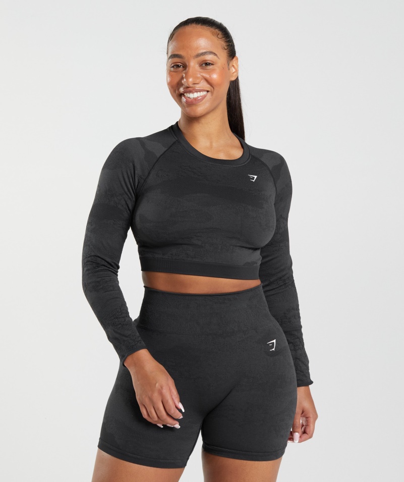 Gymshark Adapt Camo Bezšvové šnurovanie Späť Top Lávovo-čierna-onyx Sivá
