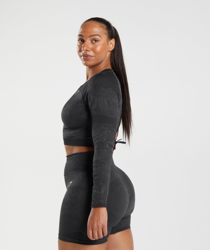 Gymshark Adapt Camo Bezšvové šnurovanie Späť Top Lávovo-čierna-onyx Sivá