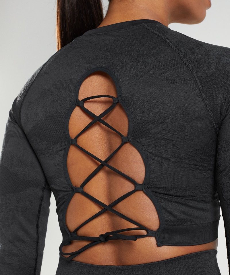 Gymshark Adapt Camo Bezšvové šnurovanie Späť Top Lávovo-čierna-onyx Sivá