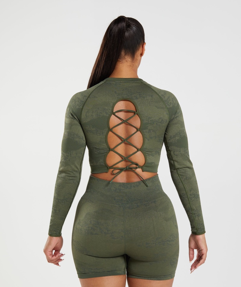 Gymshark Adapt Camo Bezšvové šnurovanie Späť Top Láva-mach Olivové Jadro Olivové