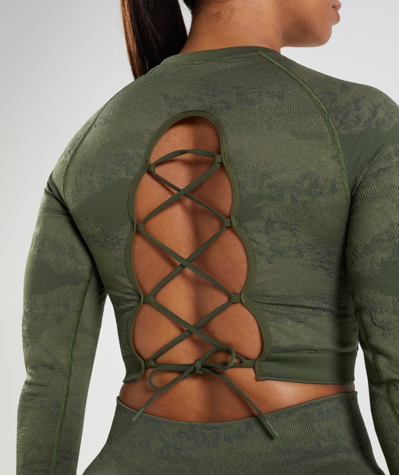 Gymshark Adapt Camo Bezšvové šnurovanie Späť Top Láva-mach Olivové Jadro Olivové