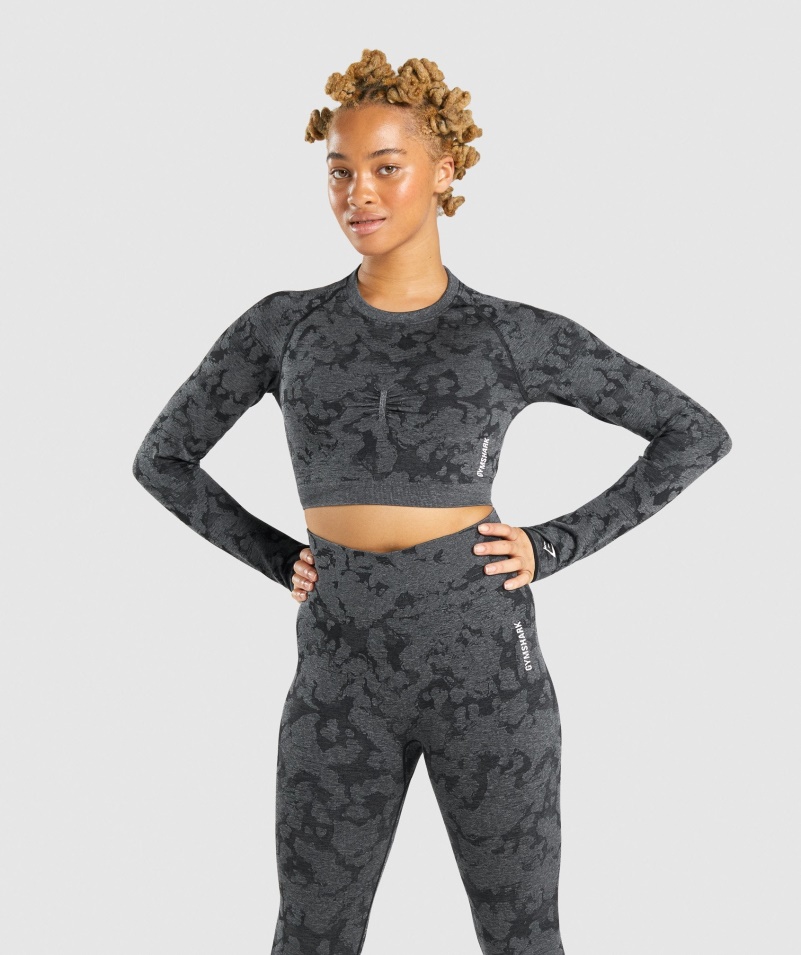 Gymshark Adapt Camo Bezšvový Crop Top S Dlhým Rukávom čierny