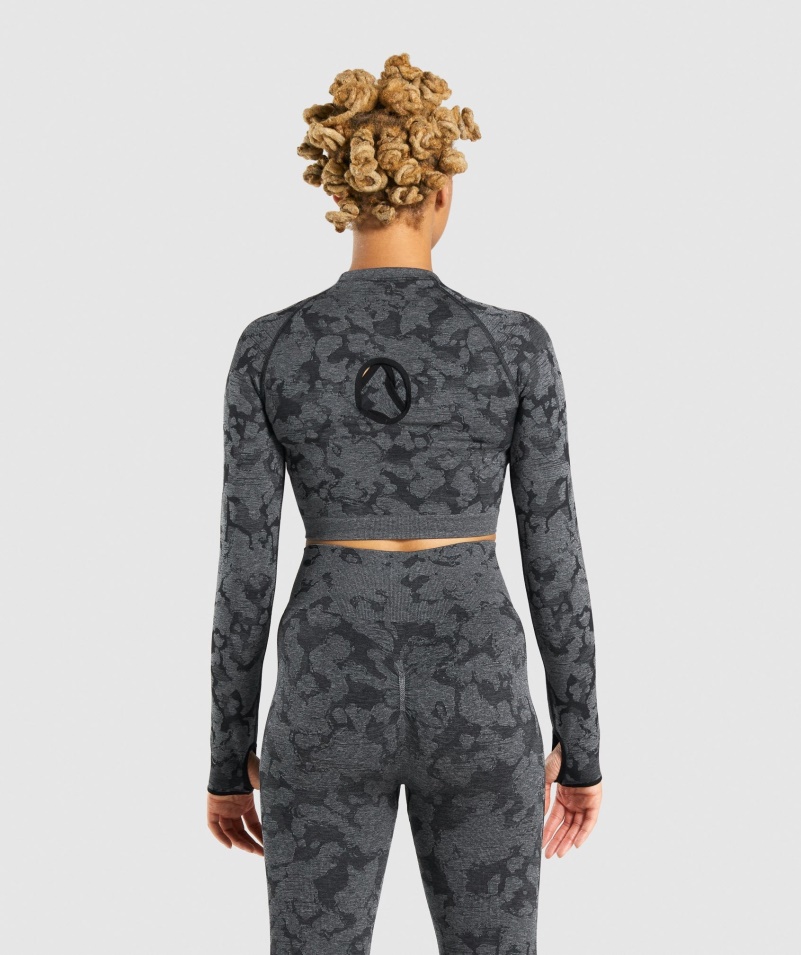 Gymshark Adapt Camo Bezšvový Crop Top S Dlhým Rukávom čierny