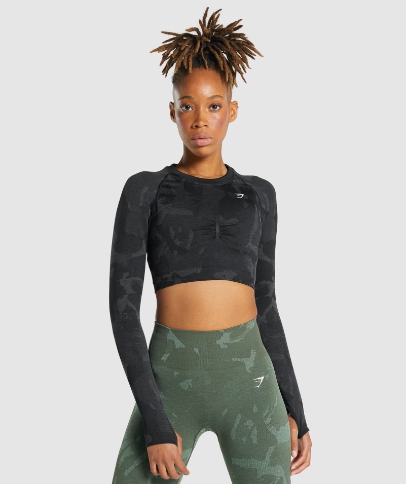 Gymshark Adapt Camo Bezšvový Crop Top S Dlhým Rukávom Savana-čierna