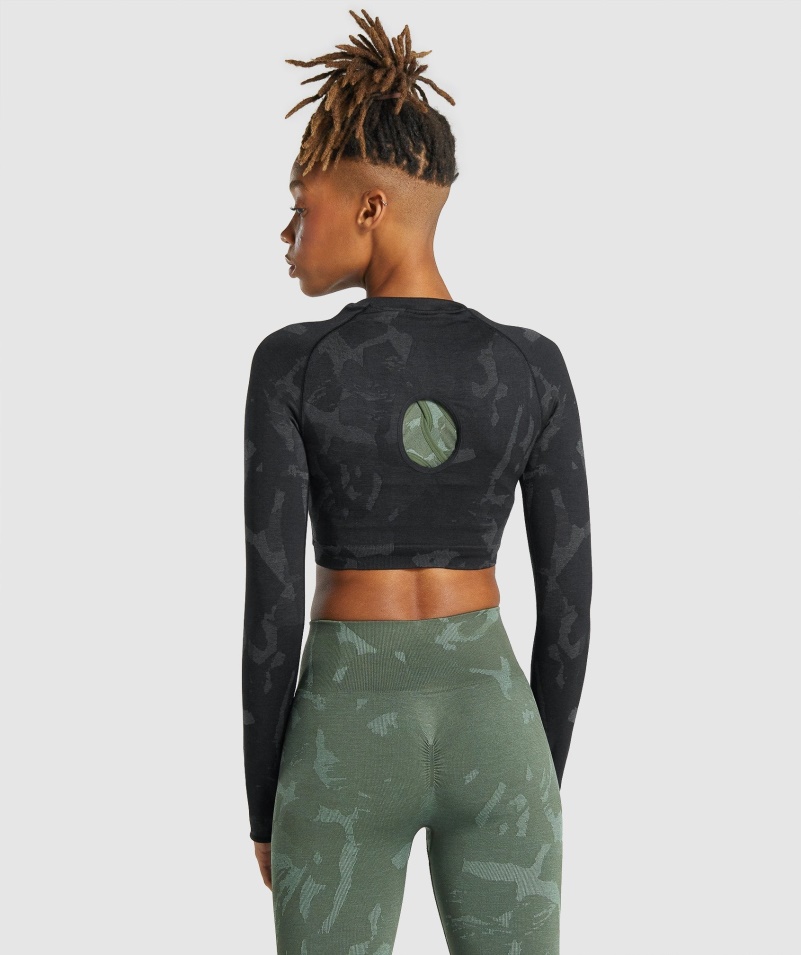 Gymshark Adapt Camo Bezšvový Crop Top S Dlhým Rukávom Savana-čierna