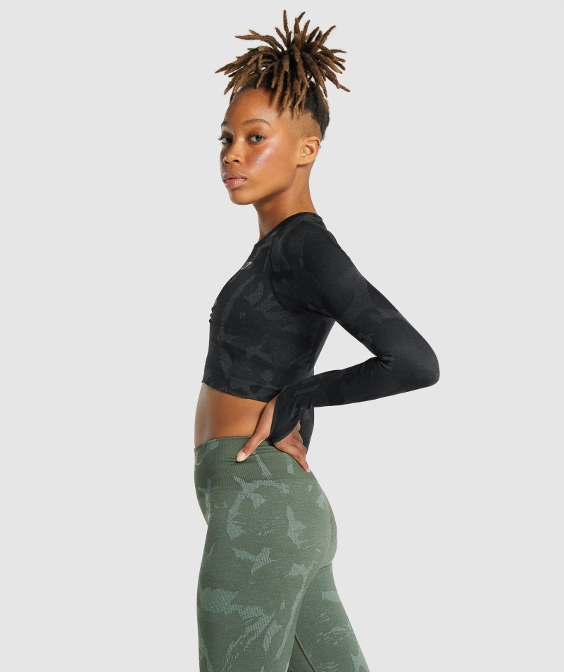 Gymshark Adapt Camo Bezšvový Crop Top S Dlhým Rukávom Savana-čierna