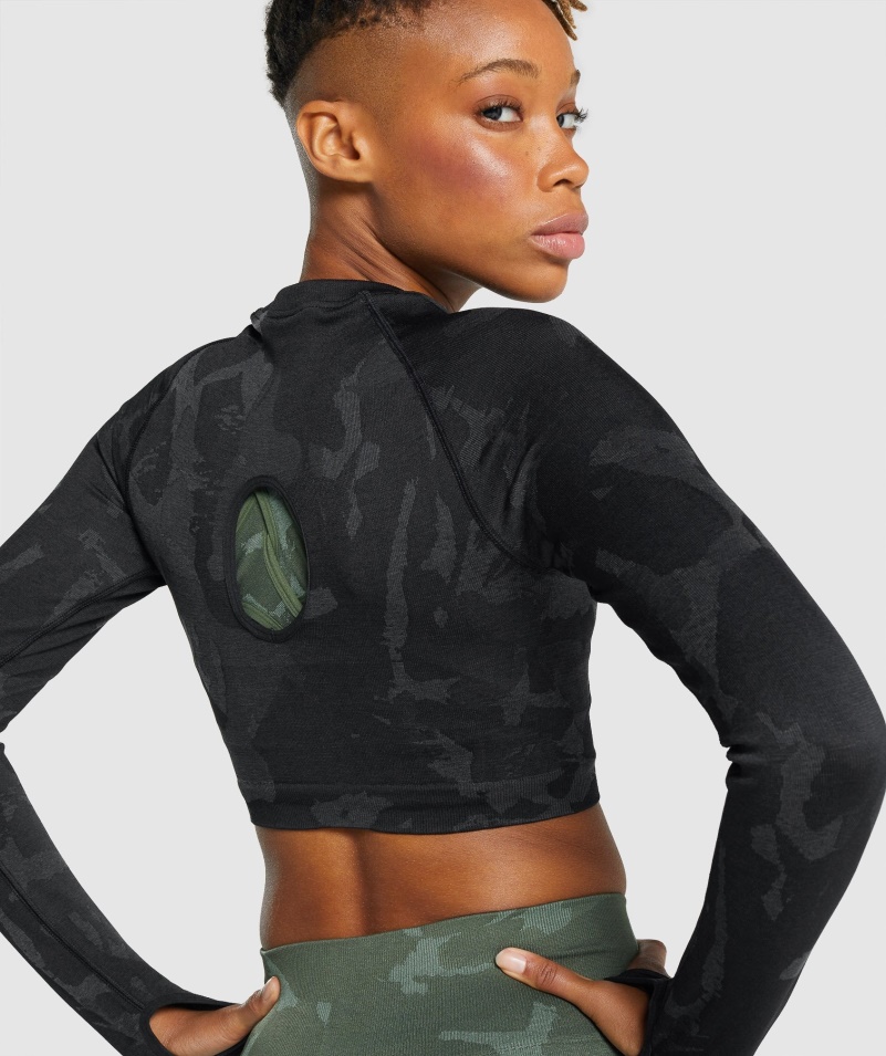 Gymshark Adapt Camo Bezšvový Crop Top S Dlhým Rukávom Savana-čierna