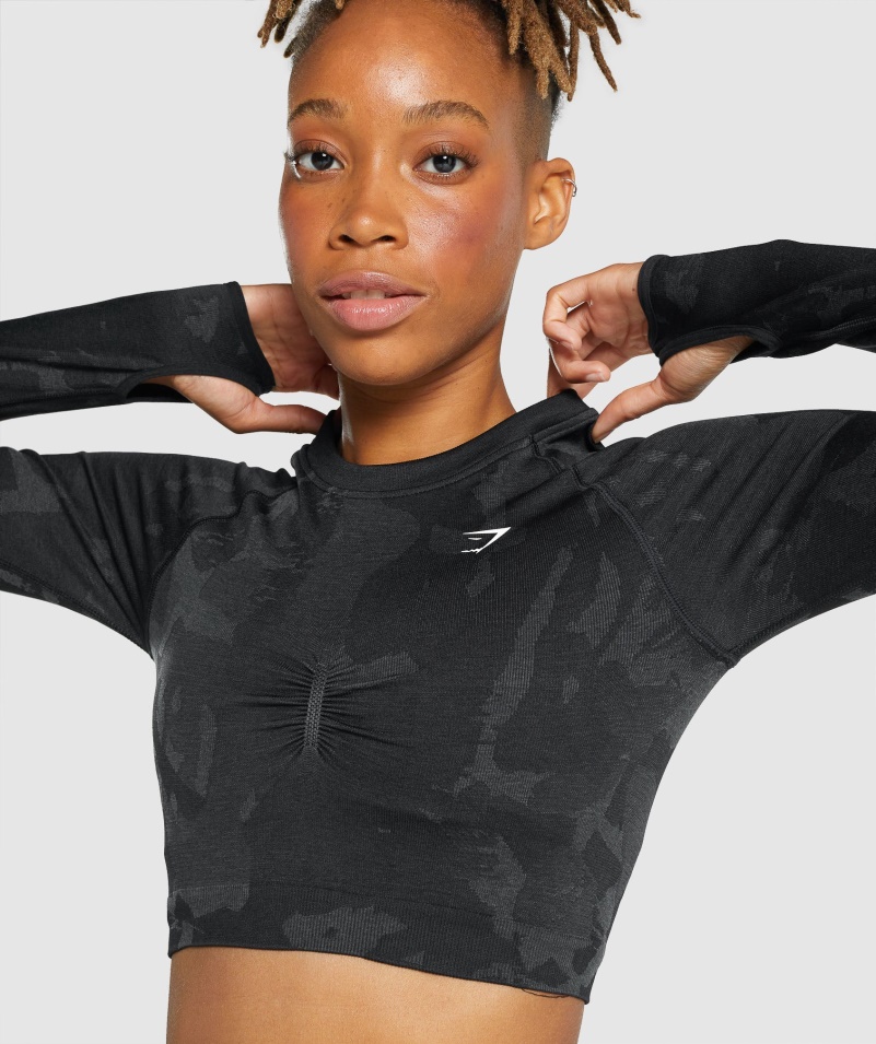 Gymshark Adapt Camo Bezšvový Crop Top S Dlhým Rukávom Savana-čierna