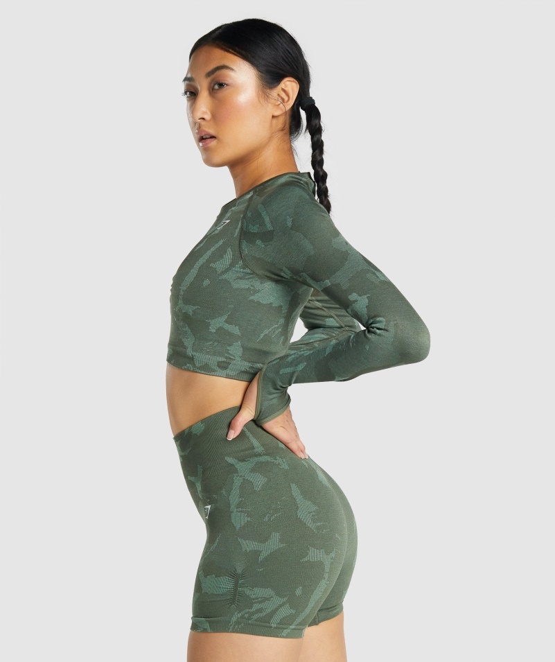 Gymshark Adapt Camo Bezšvový Crop Top S Dlhým Rukávom Savanovo-zelený
