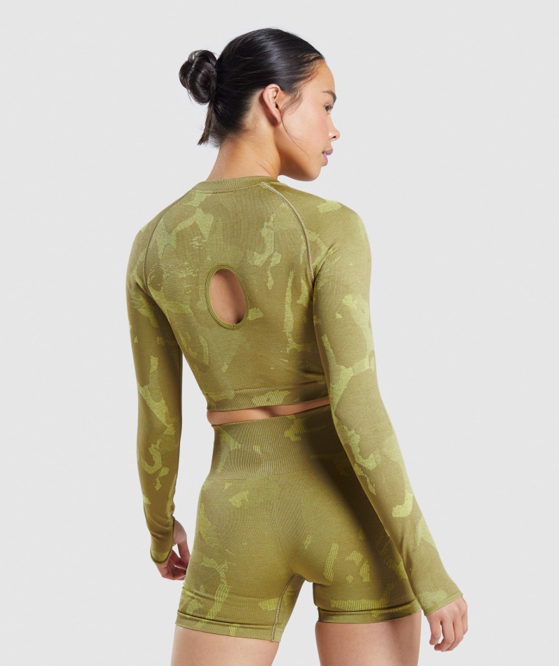 Gymshark Adapt Camo Bezšvový Crop Top S Dlhým Rukávom Savana-griffin Zelený