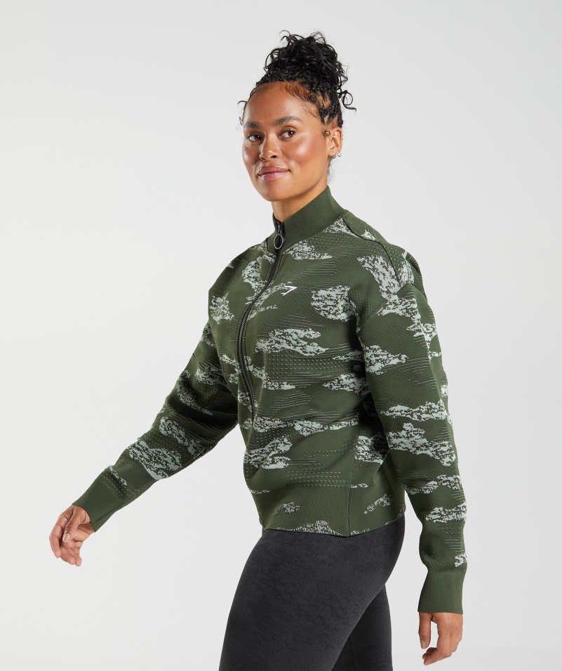 Gymshark Adapt Camo Bezšvová Tepláková Bunda Lávovo-machovo-olivo-aloe Zelená