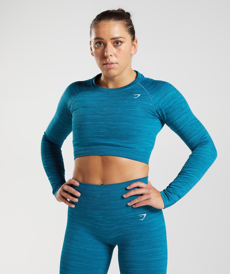 Gymshark Adapt Marl Bezšvový Crop Top S Dlhým Rukávom Vlt-atlantic Blue-shark Blue