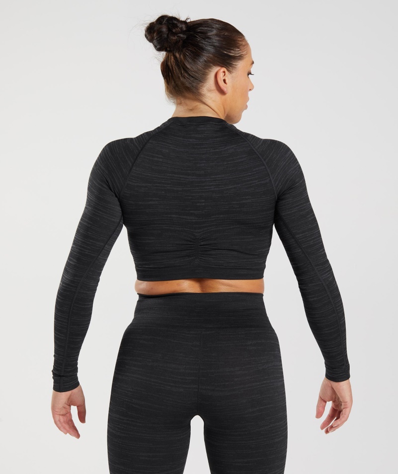 Gymshark Adapt Marl Bezšvový Crop Top S Dlhým Rukávom Vlt-black-smokey Grey