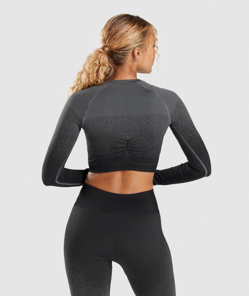 Gymshark Adapt Ombre Bezšvový Crop Top S Dlhým Rukávom čierno-sivý