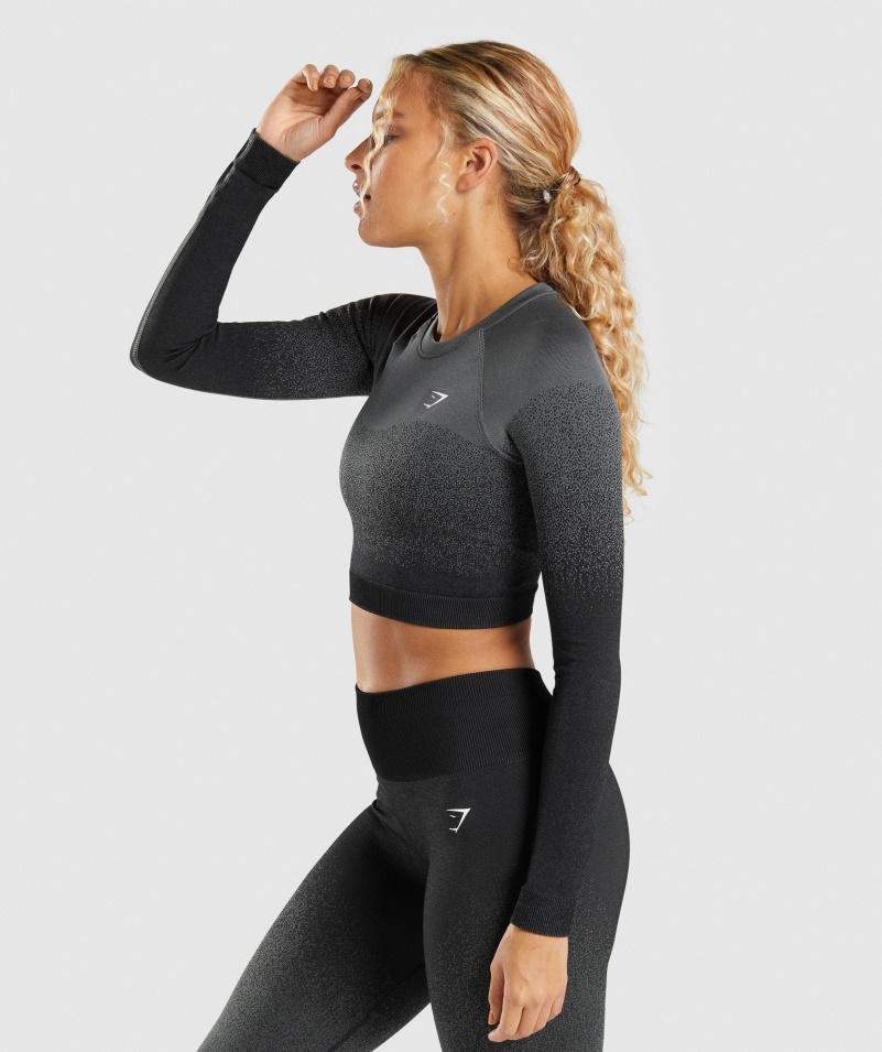 Gymshark Adapt Ombre Bezšvový Crop Top S Dlhým Rukávom čierno-sivý