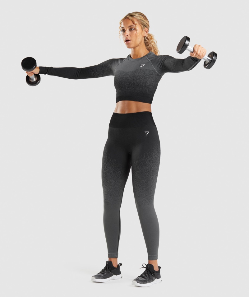 Gymshark Adapt Ombre Bezšvový Crop Top S Dlhým Rukávom čierno-sivý