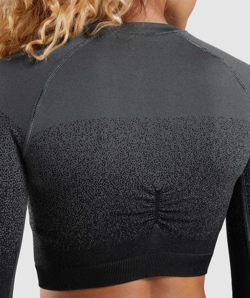 Gymshark Adapt Ombre Bezšvový Crop Top S Dlhým Rukávom čierno-sivý