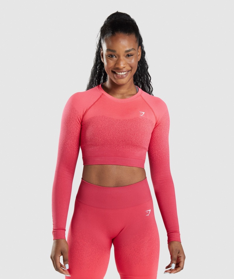 Gymshark Adapt Ombre Bezšvový Crop Top S Dlhým Rukávom Ružovo-červený