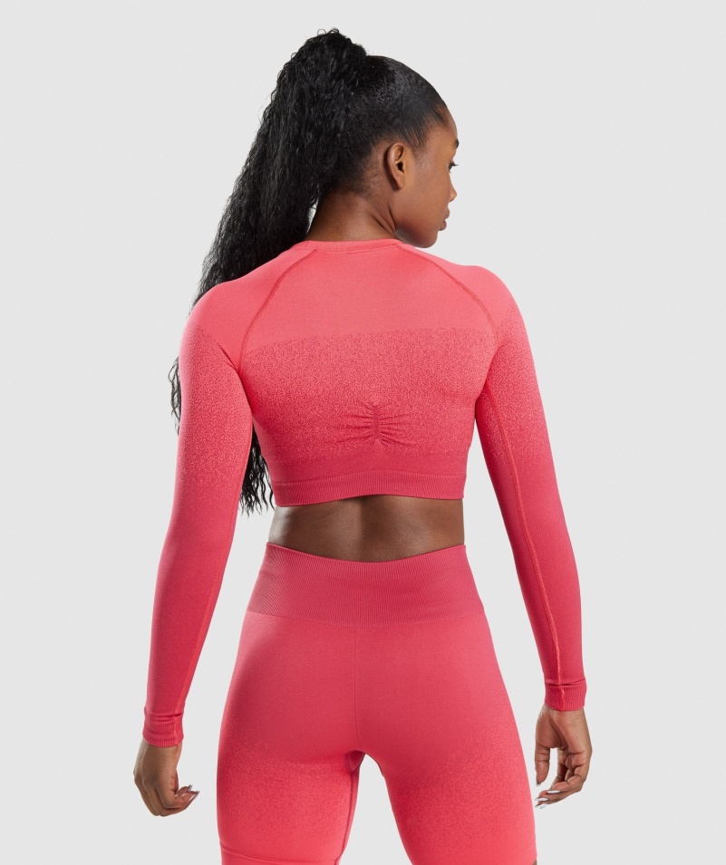 Gymshark Adapt Ombre Bezšvový Crop Top S Dlhým Rukávom Ružovo-červený