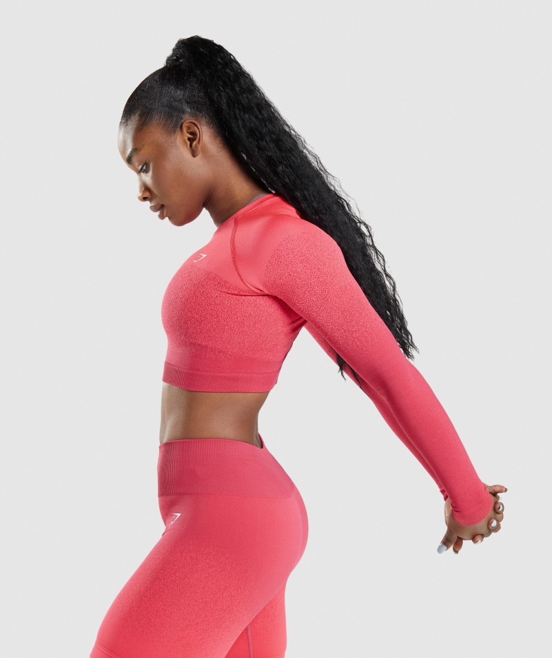 Gymshark Adapt Ombre Bezšvový Crop Top S Dlhým Rukávom Ružovo-červený