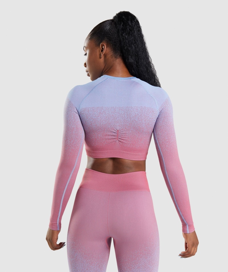 Gymshark Adapt Ombre Bezšvový Crop Top S Dlhým Rukávom Ružovo-svetlomodrý
