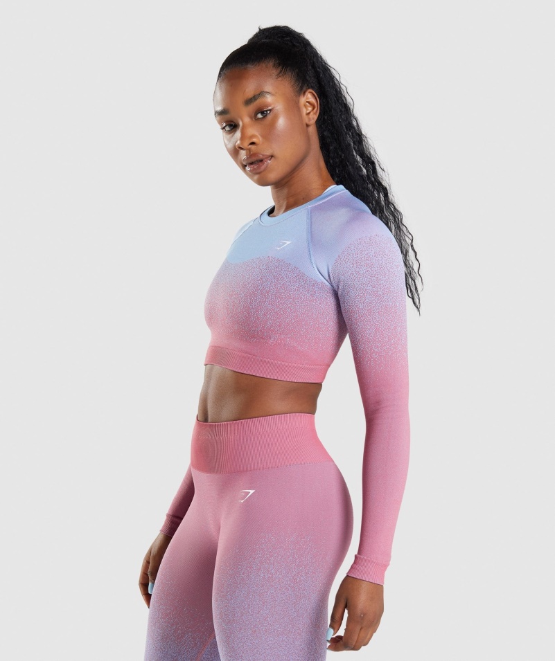 Gymshark Adapt Ombre Bezšvový Crop Top S Dlhým Rukávom Ružovo-svetlomodrý