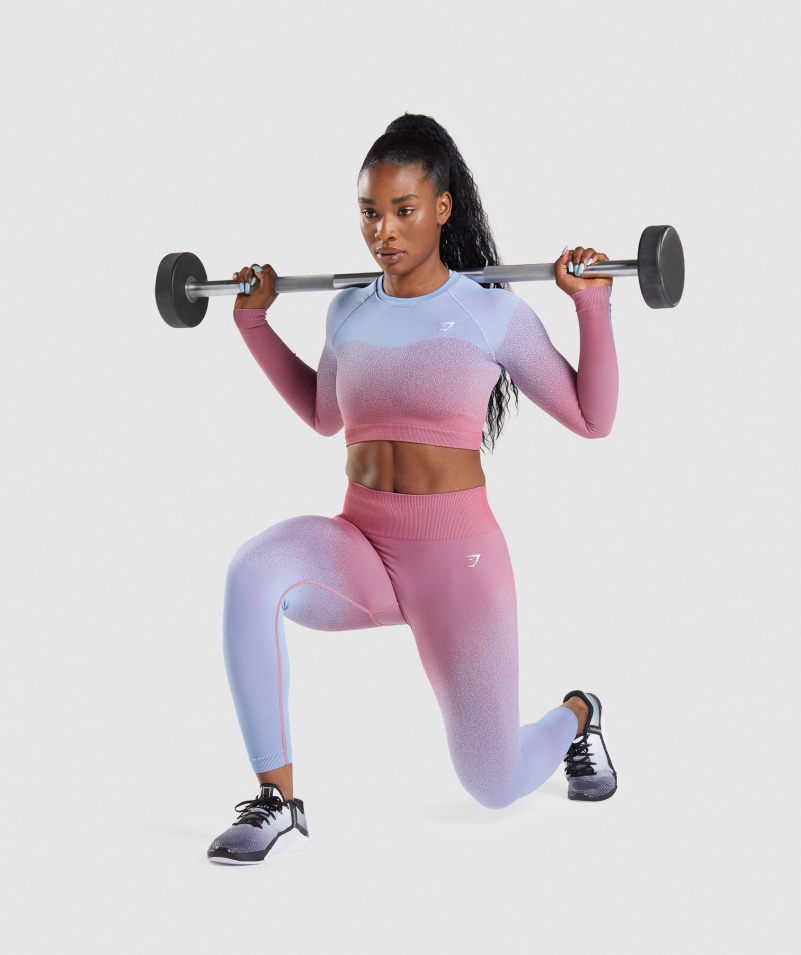 Gymshark Adapt Ombre Bezšvový Crop Top S Dlhým Rukávom Ružovo-svetlomodrý