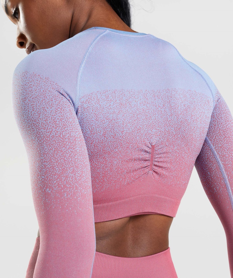 Gymshark Adapt Ombre Bezšvový Crop Top S Dlhým Rukávom Ružovo-svetlomodrý
