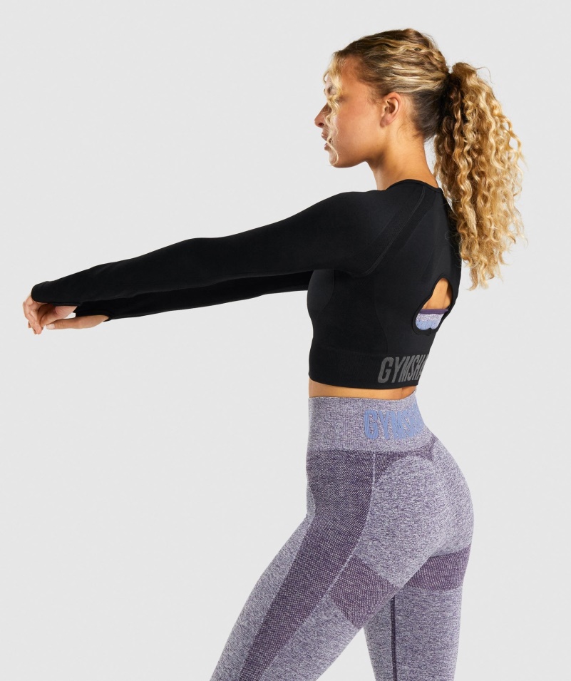 Gymshark Flex Sports Dlhý Rukáv Crop Top Black-carbon