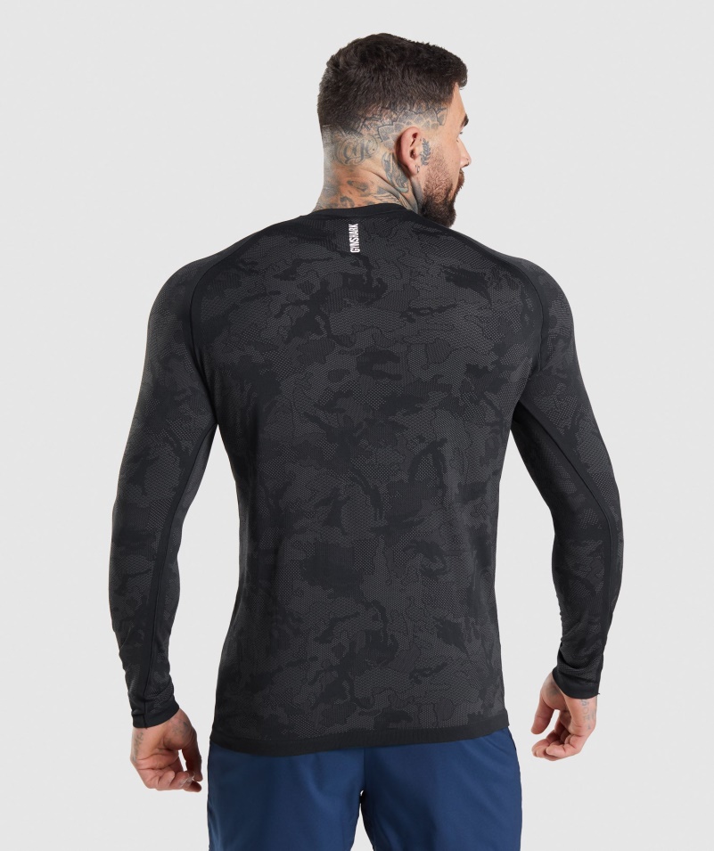 Gymshark Geo Bezšvové Tričko S Dlhým Rukávom čierno-uhlovo šedé