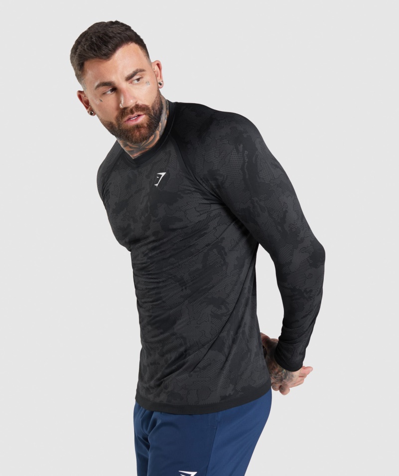 Gymshark Geo Bezšvové Tričko S Dlhým Rukávom čierno-uhlovo šedé