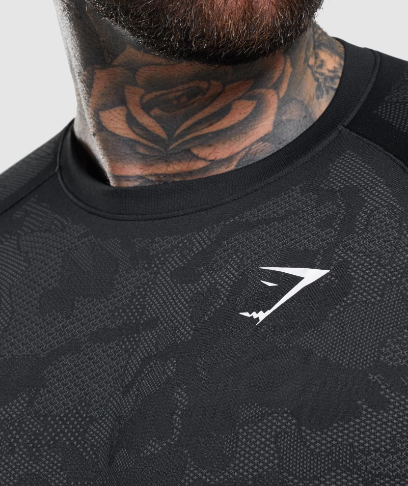 Gymshark Geo Bezšvové Tričko S Dlhým Rukávom čierno-uhlovo šedé