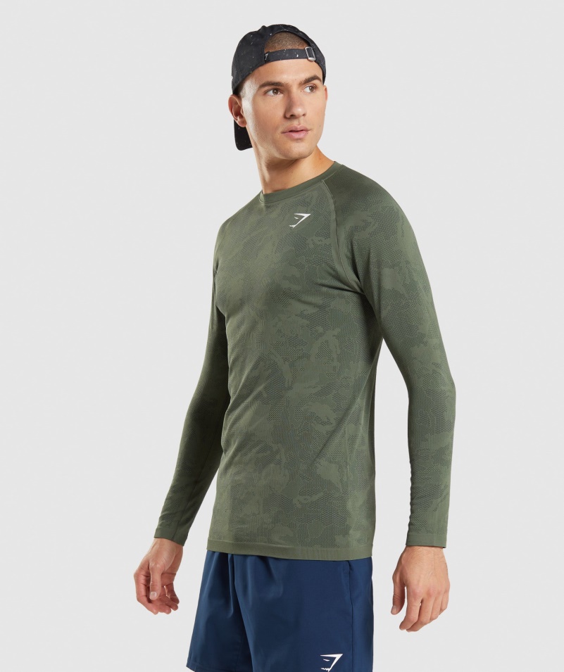 Gymshark Geo Bezšvové Tričko S Dlhým Rukávom Jadro Olivovo-čierne