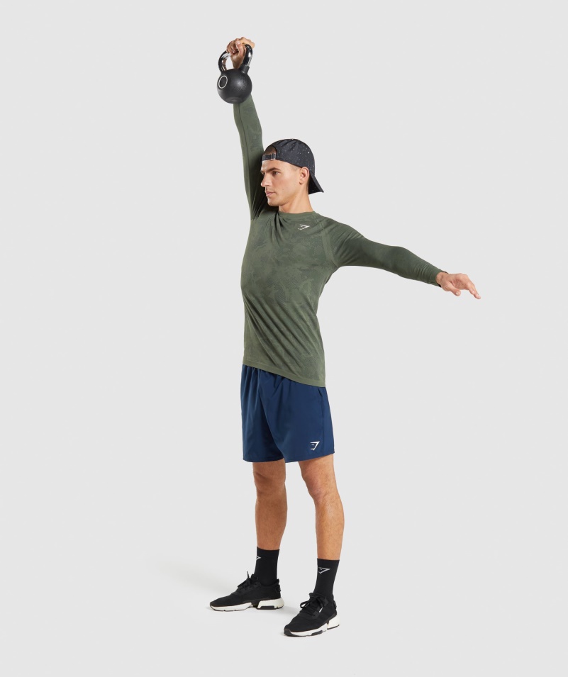 Gymshark Geo Bezšvové Tričko S Dlhým Rukávom Jadro Olivovo-čierne