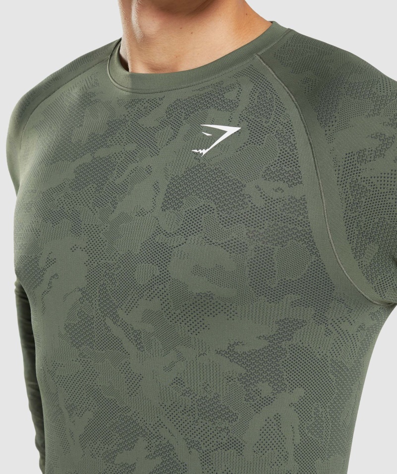 Gymshark Geo Bezšvové Tričko S Dlhým Rukávom Jadro Olivovo-čierne