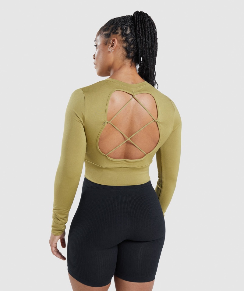 Gymshark Pauza Otvorený Chrbát Dlhý Rukáv Crop Top Gryf Zelený
