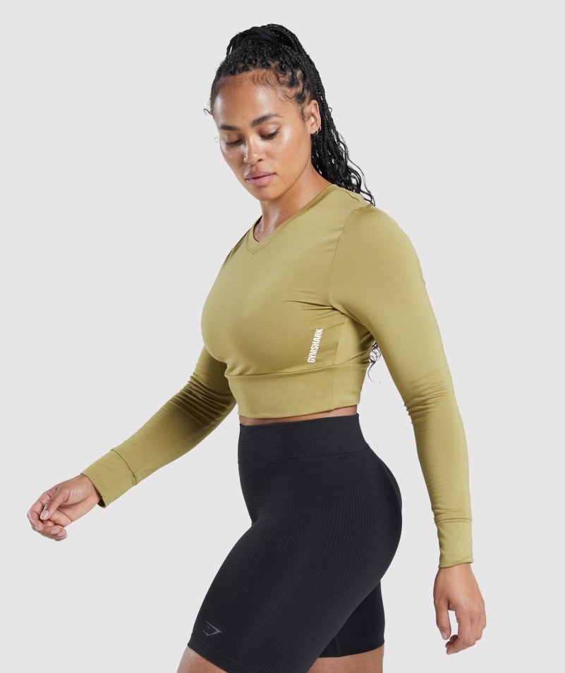 Gymshark Pauza Otvorený Chrbát Dlhý Rukáv Crop Top Gryf Zelený