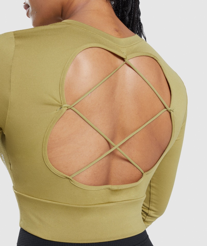 Gymshark Pauza Otvorený Chrbát Dlhý Rukáv Crop Top Gryf Zelený