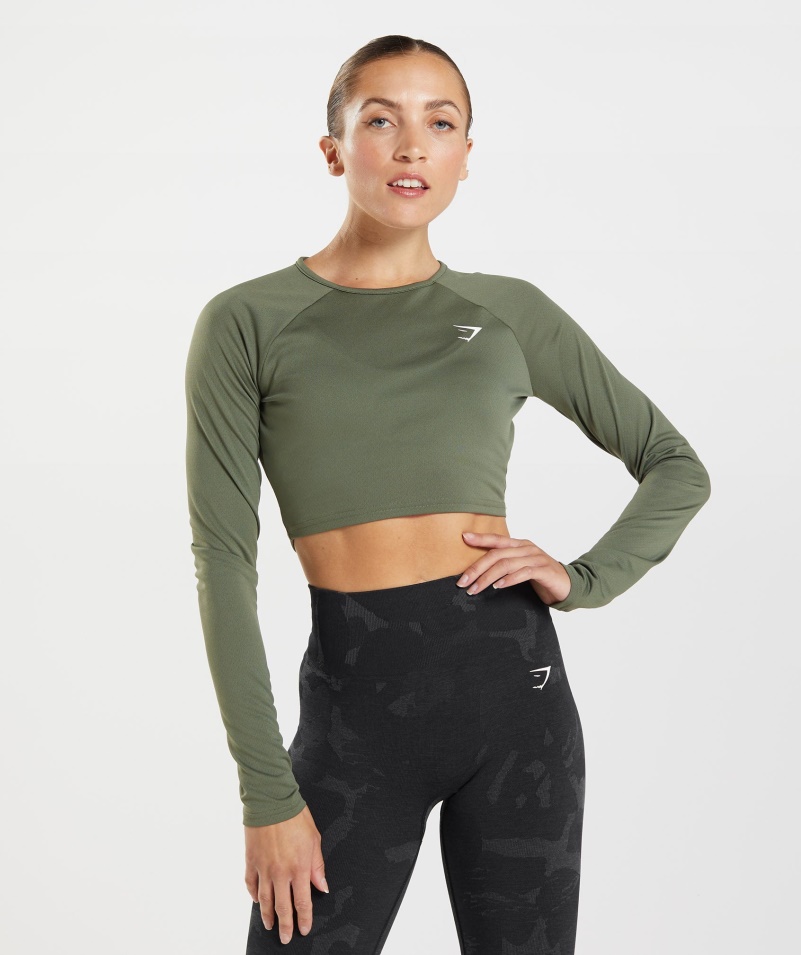Gymshark Tréning Dlhý Rukáv Crop Top Core Olivový