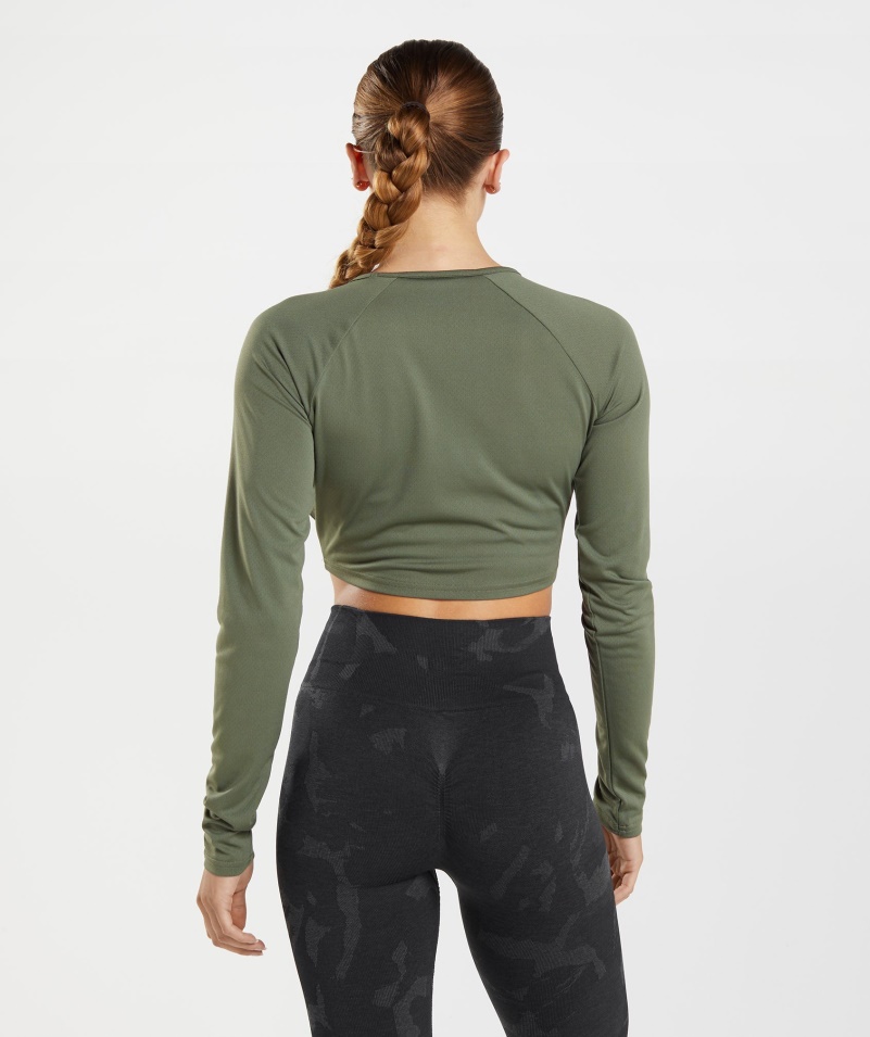 Gymshark Tréning Dlhý Rukáv Crop Top Core Olivový