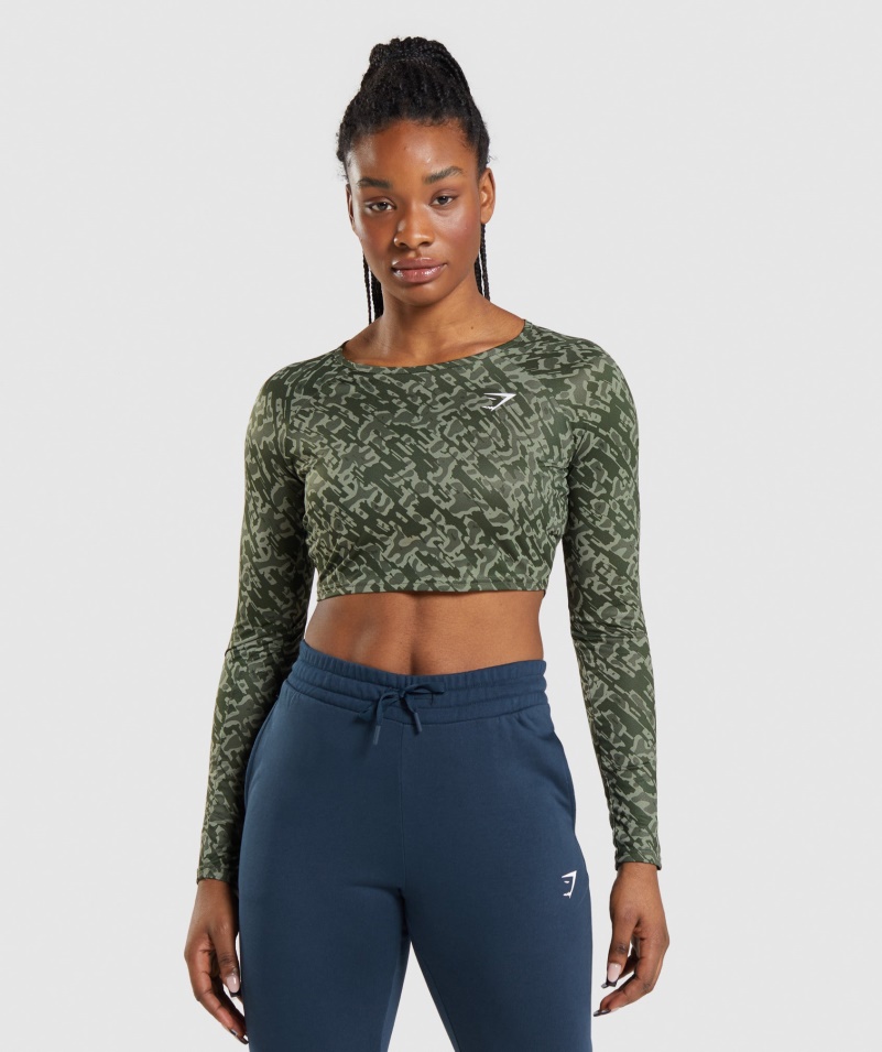 Gymshark Tréning Dlhý Rukáv Crop Top Zelená Potlač
