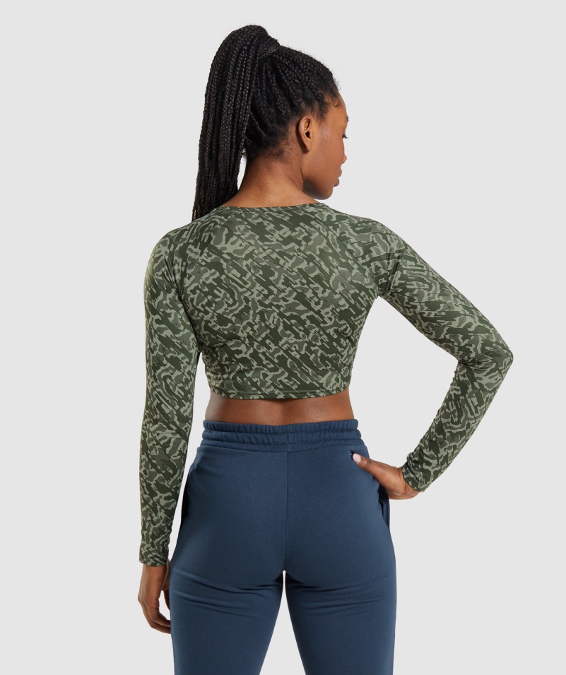 Gymshark Tréning Dlhý Rukáv Crop Top Zelená Potlač