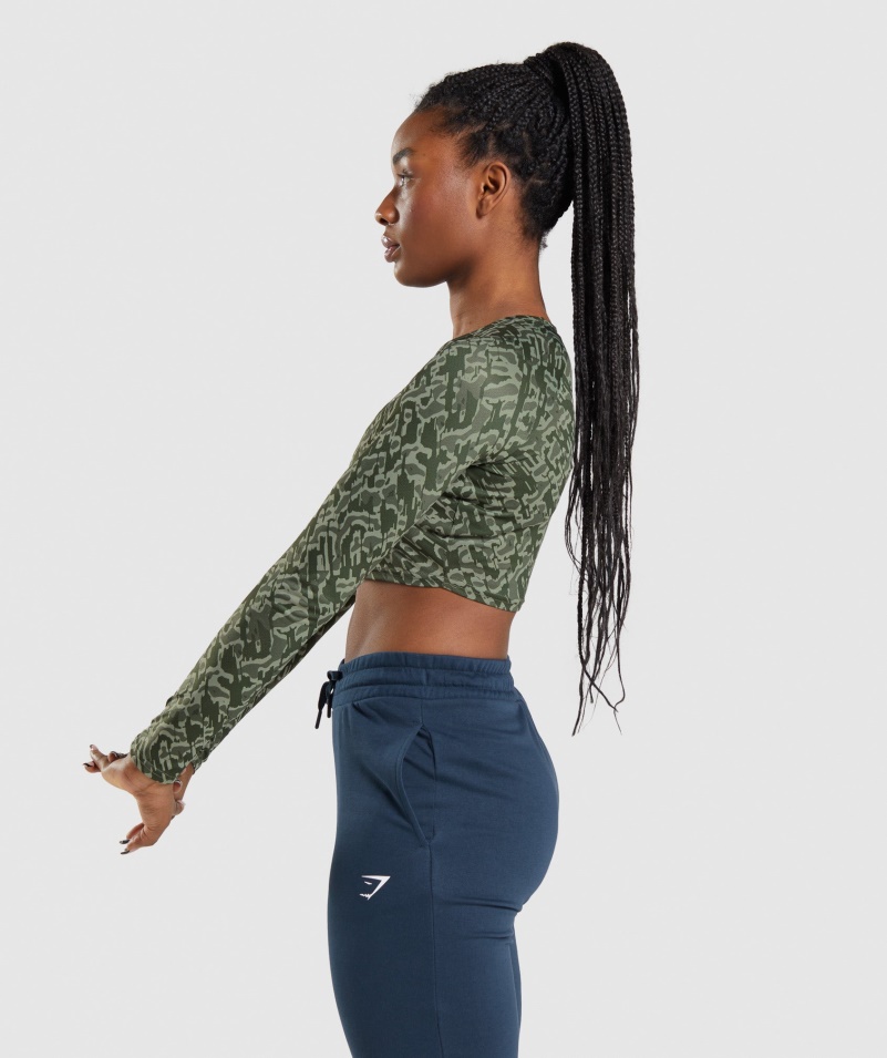 Gymshark Tréning Dlhý Rukáv Crop Top Zelená Potlač