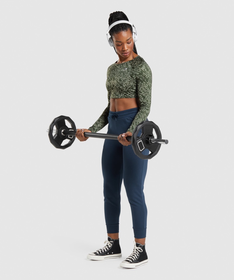 Gymshark Tréning Dlhý Rukáv Crop Top Zelená Potlač