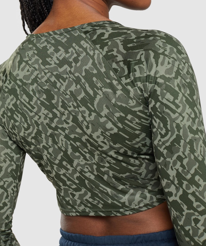Gymshark Tréning Dlhý Rukáv Crop Top Zelená Potlač