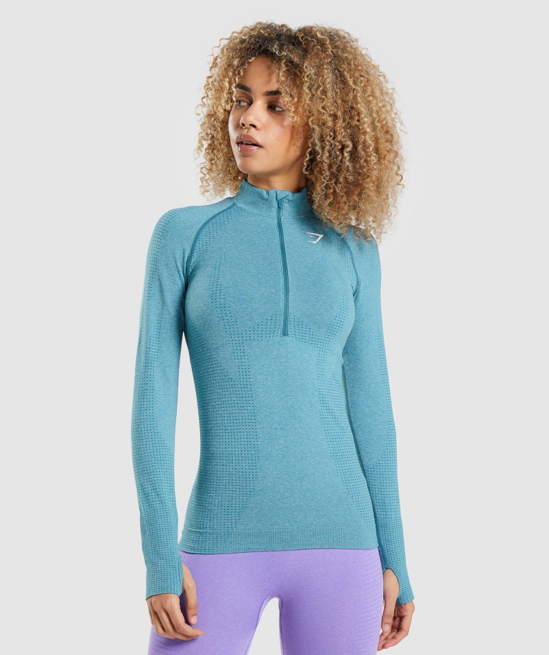 Gymshark Vital Bezšvový 2,0 1/2 Sveter Na Zips Tahoe Teal Marl