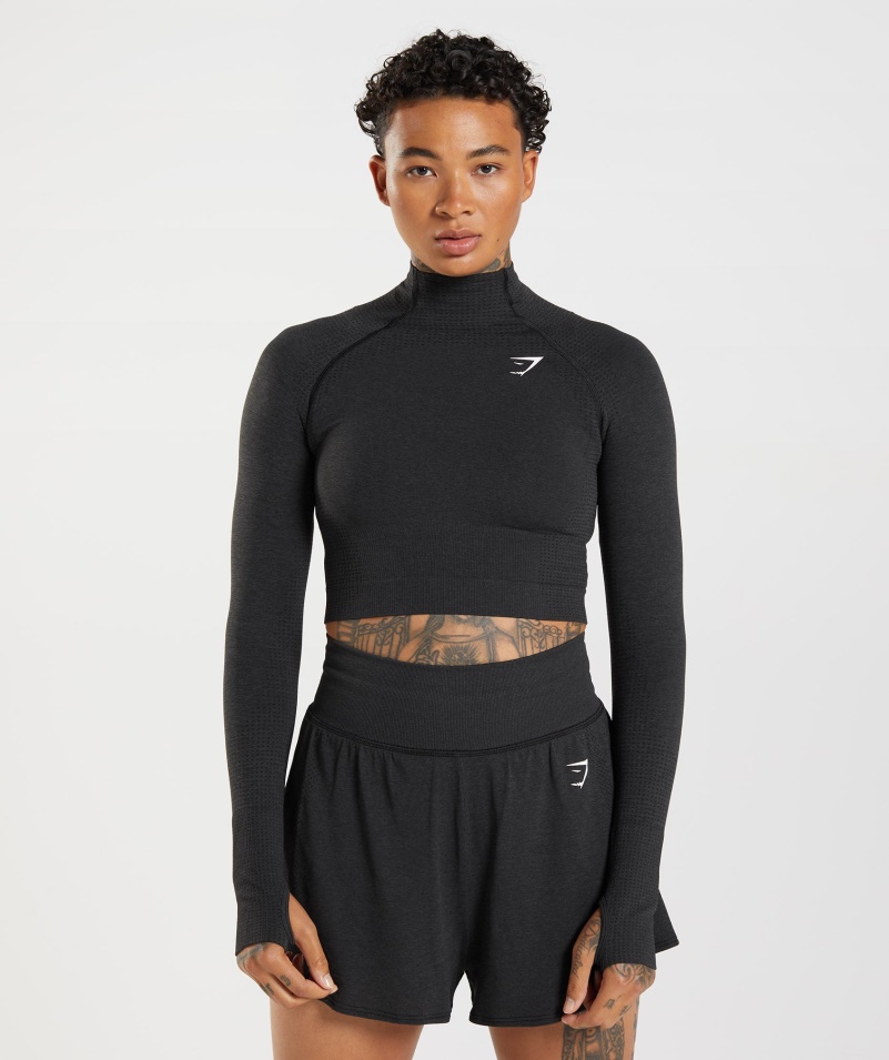 Gymshark Vital Bezšvový 2.0 Midi Top čierny Marl S Vysokým Výstrihom