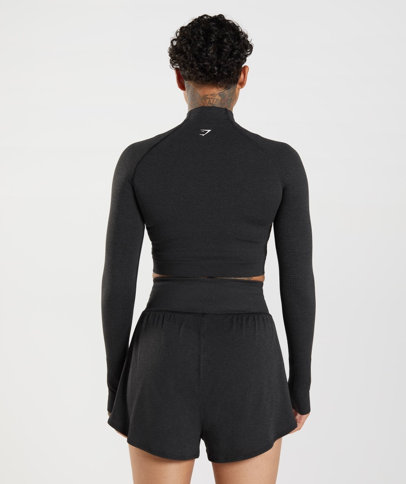 Gymshark Vital Bezšvový 2.0 Midi Top čierny Marl S Vysokým Výstrihom