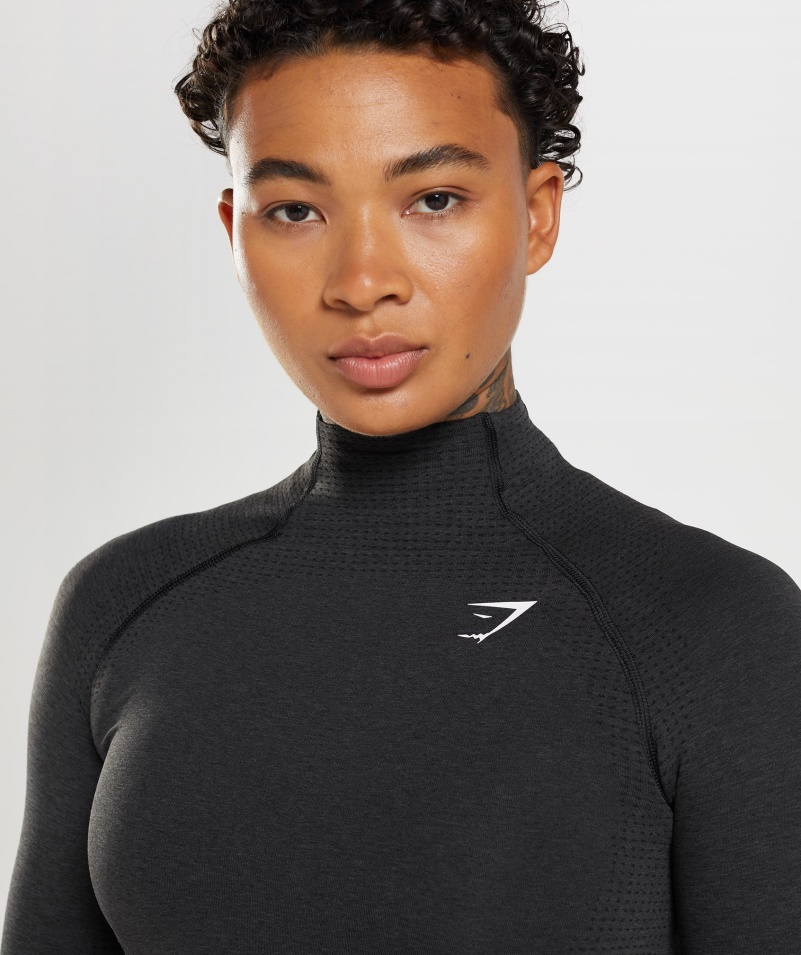 Gymshark Vital Bezšvový 2.0 Midi Top čierny Marl S Vysokým Výstrihom